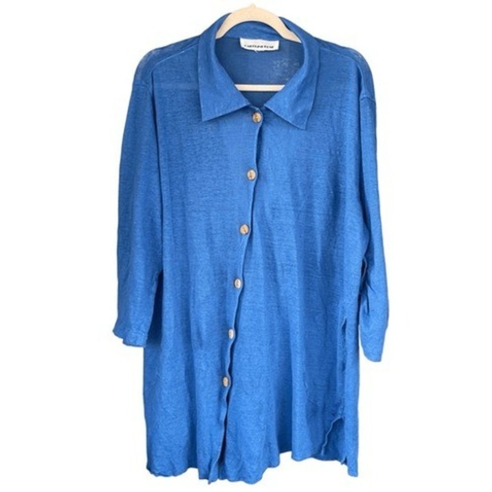 B4 Caroline Rose Linen Knit Cardigan Top Womens XL Blue Button Front Artsy Y2K